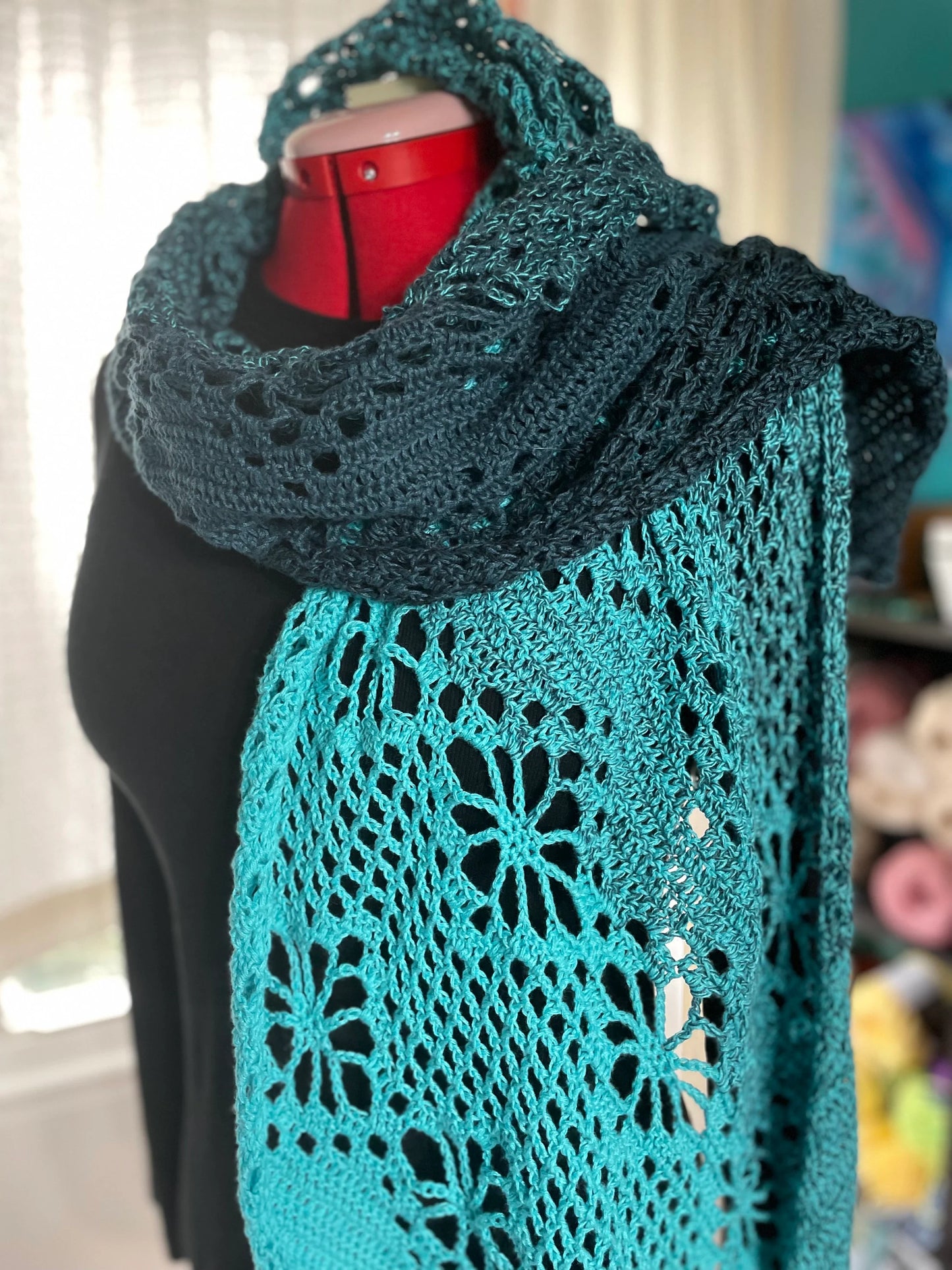 Lace Rectangle Shawl, Blue Ombre Wrap, Diagonal Scarf