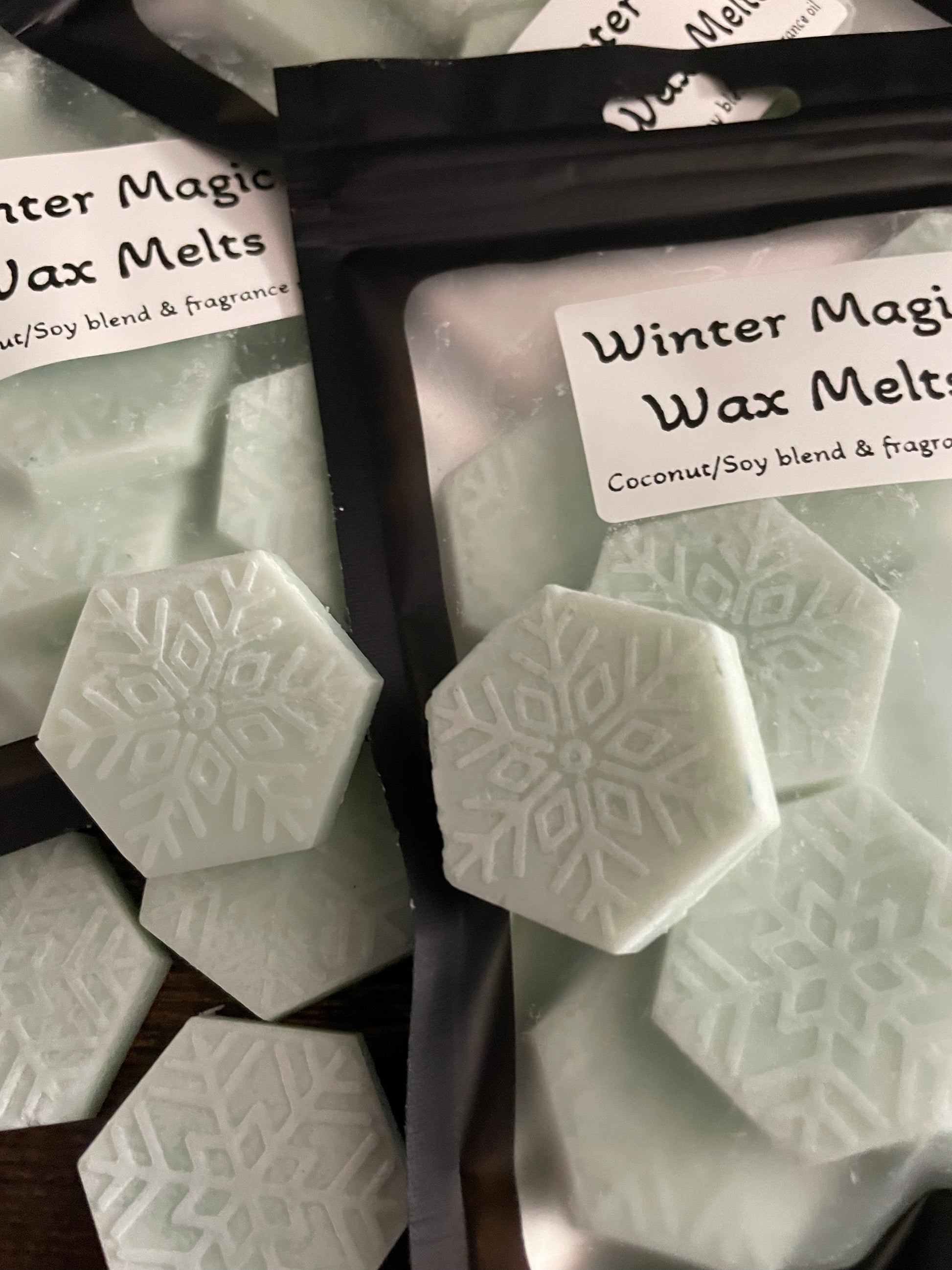 Hexagonal wax melts with 'Winter Magic Wax Melts' label on a white background