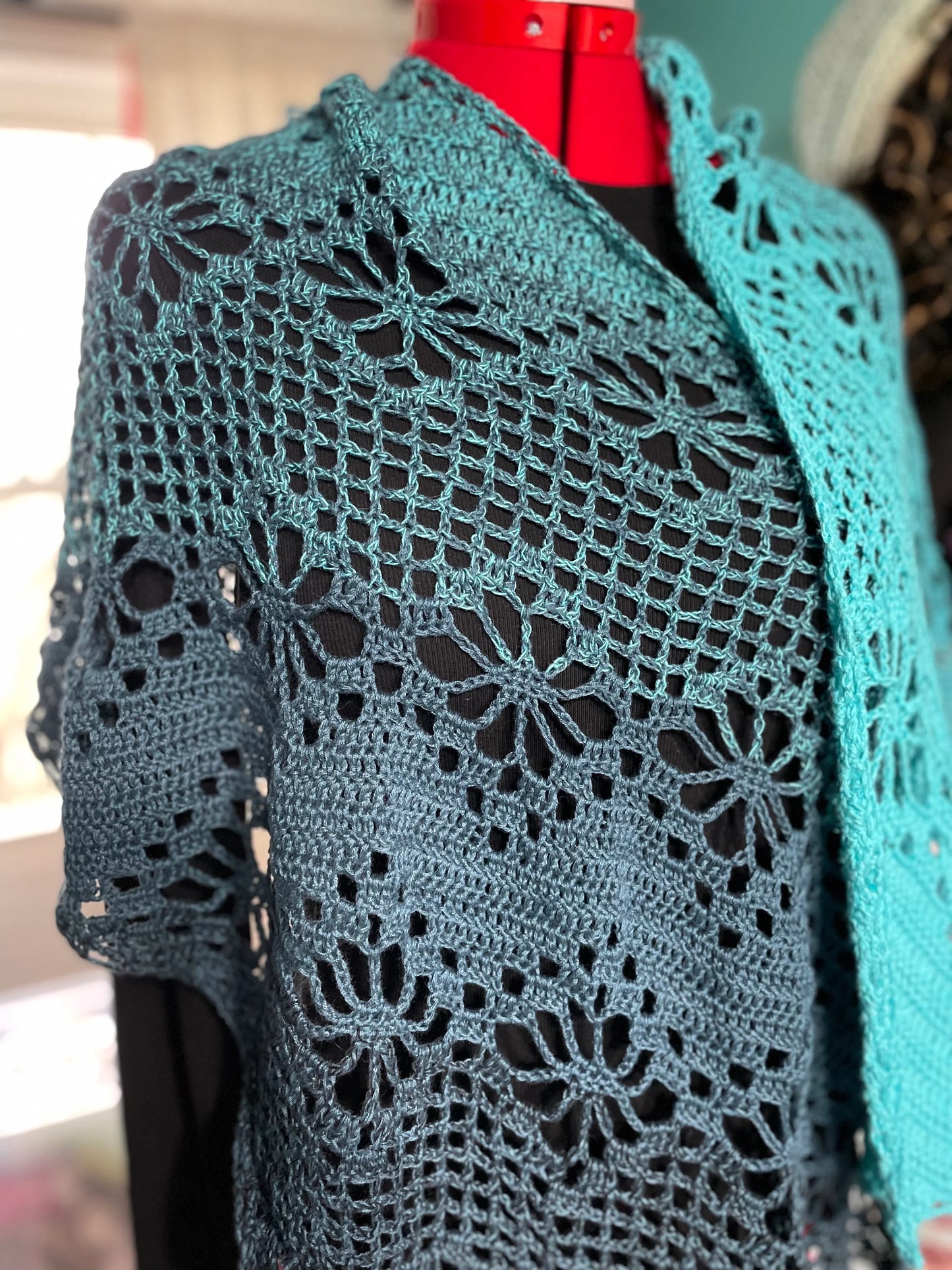 Lace Rectangle Shawl, Blue Ombre Wrap, Diagonal Scarf